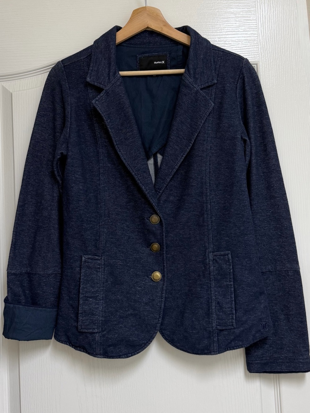 Hurley Women’s Cropped Denim Blazer Jacket Y2K Indie Preppy Size M Blue 3 Button